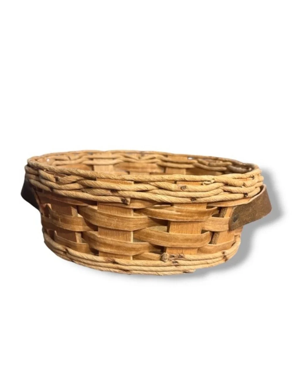 PYREX Wooden Leather Handled Woven Basket Cork Bottom Casserole Carrier VINTAGE